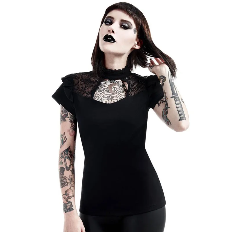  JIEZuoFang Summer Short Sleeve Lace Stitching Punk T-shirts Metal Moon Pendant Ribbon Cross Slim Go