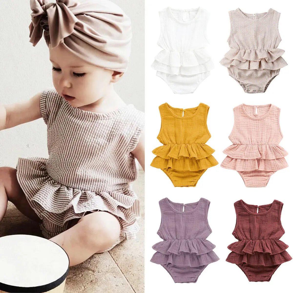 2019 الرضع طفلة بلا أكمام رومبير القطن الكتان تكدرت واحدة قطعة بذلة Playsuit تتسابق 0-24 M 2019 الرضع طفلة بلا أكمام رومبير القطن الكتان تكدرت واحدة قطعة بذلة Playsuit تتسابق 0-24 M