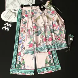 Модный женский костюм на весну и осень, Повседневная рубашка с отворотом и длинными рукавами с принтом + широкие брюки с высокой талией