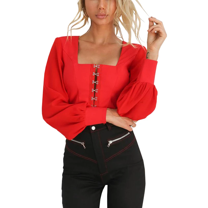 

Lossky Women's Autumn Chiffon Shirt 2018 Sexy Backless Bow Square Collar Long Sleeve Short Paragraph Shirt Top Women Lace Blouse