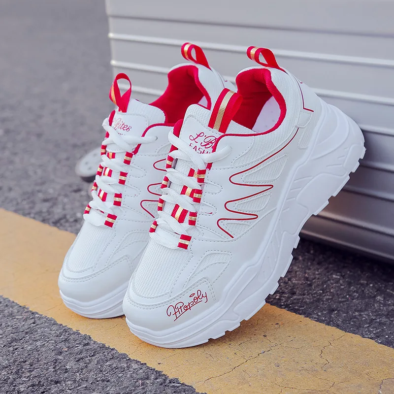 

2019 Fashion Korean White Platform Sneakers Women Shoes Thick Sole Leather Clunky Sneakers Casual Dad Shoes Woman Tenis Feminino