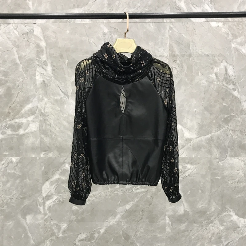 2019 Spring New Splicing Floral Chiffon Top Women's Sense of Self-cultivation Pile Collar Leather Sheepskin leather jacket