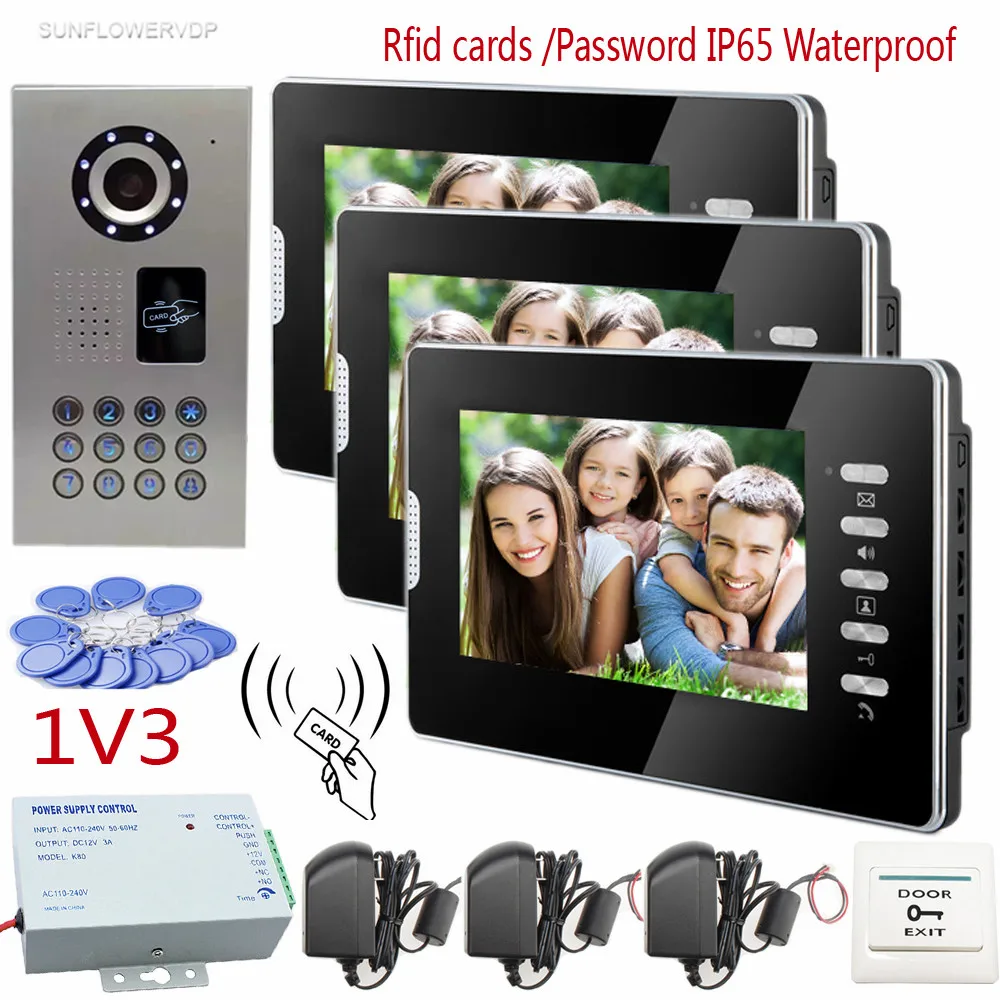 

Rfid Cards/Code Video Door Phone IP65 Waterproof HD CCD Camera Doorphone Infrared Night Vision With 7inch Color 3 Screens System