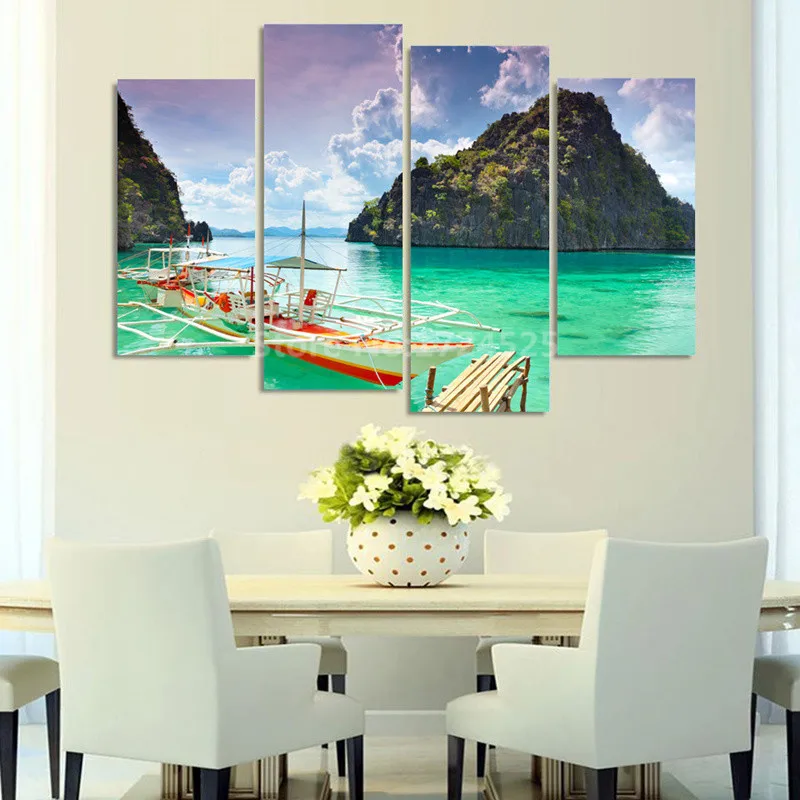 2017 New Prints Beautiful Seascape Canvas Painting 4 Panels Home Decor
