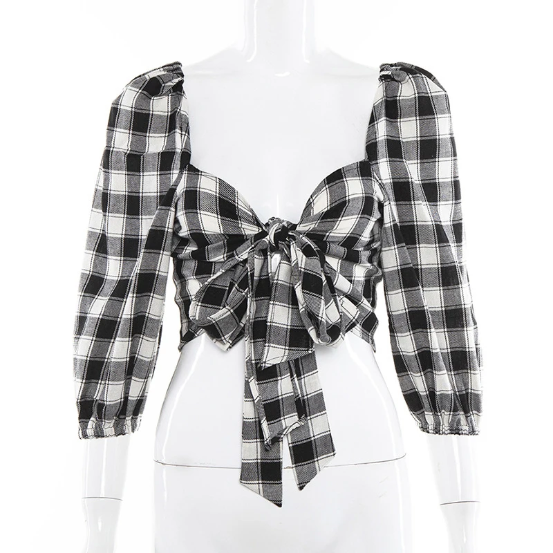 Forefair القوس مثير أزياء المرأة البلوزات 2019 الأبيض والأسود منقوشة عقدة تعادل الصيف قمم خمر عارية الذراعين عارضة الإناث قمصان