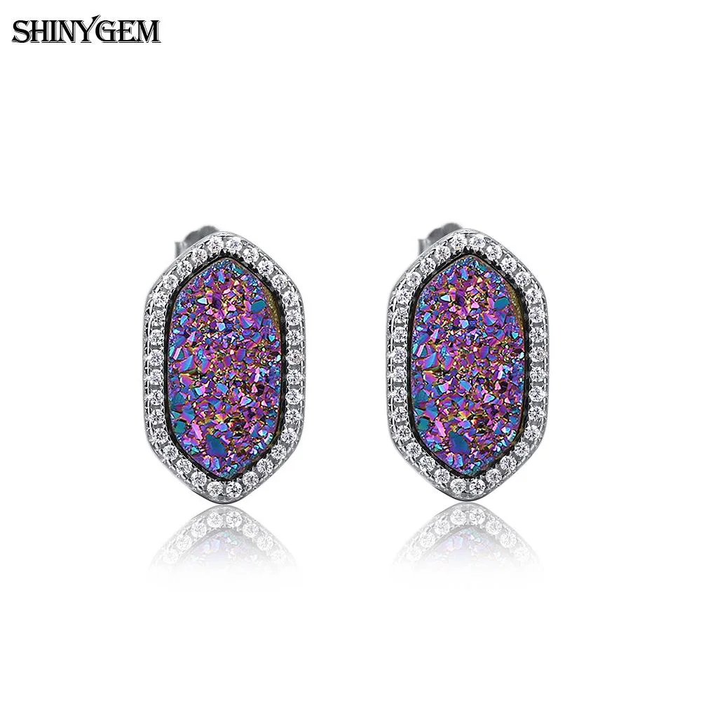 

ShinyGem Fashion Hexagonal 925 Sterling Silver Stud Earrings Small CZ Crystal Sparkling Natural Stone Druzy Earrings For Women