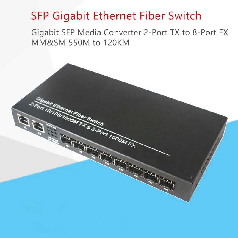 Волоконно-Ethernet-коммутатор SFP с 8 портами и слотом на 2 порта TX RJ45 гигабитный