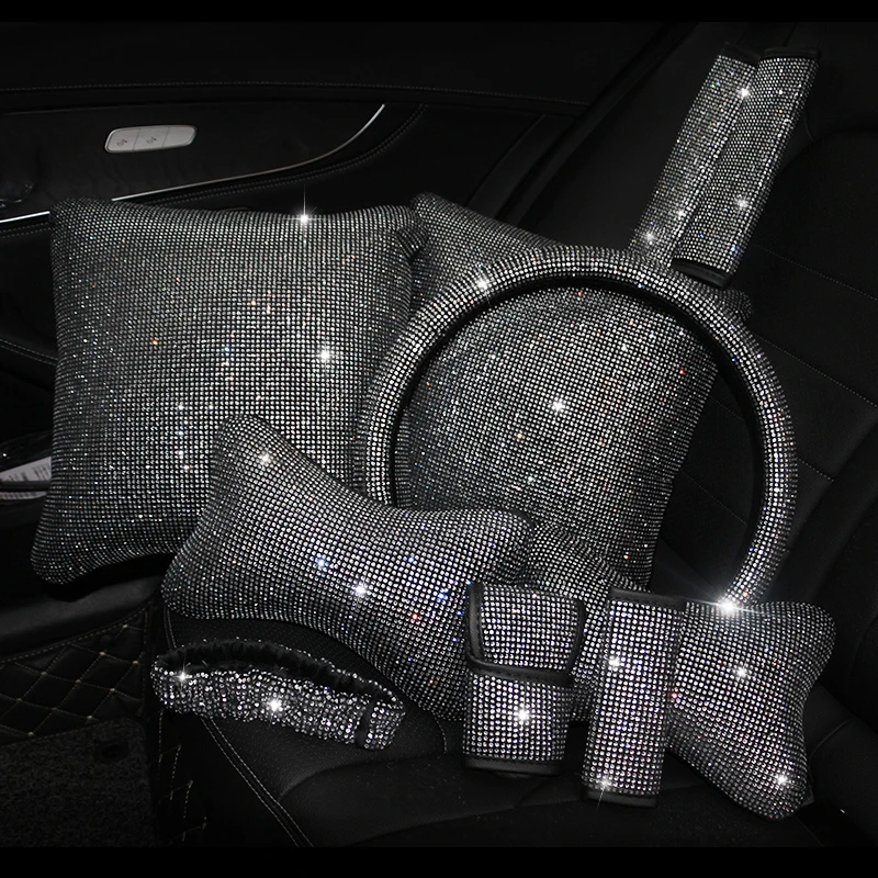 Rhinestones-Crystal-Car-Seat-belt-cover-pad-Neck-pillow-Waist-Support-Steering-wheel-cover-Auto-Interior