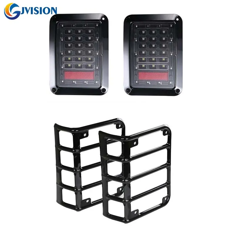 Black Steel Metal Tail light Guard Protector Cover Set and LED Tail lights Rear Parking Stop Back for Jeep Wrangler JK