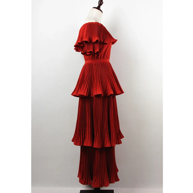 Plissée Manches Haute Élégante 2018 Vocation Longue Qualité Robes Casual Robe Rouge Femme Couleur Partie Ruches Pétale Sexy dIqwq0