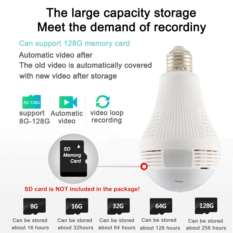 

960P 360° Video IP Camera VR Panoramic HD 1.3MP/2MP/3MP Bulb With Hotspot Wireless WiFi Mobile Phone Remote Home Security Camera
