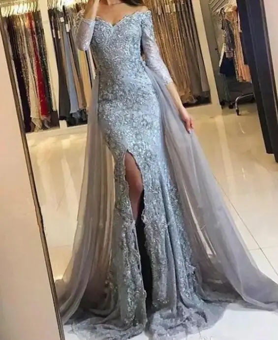 Fashion Gray Mermaid Evening Dress Sexy High Slit 3/4 Long Sleeves Prom Dresses with Tulle Train Abendkleider Robe de soiree silver prom dresses Prom Dresses