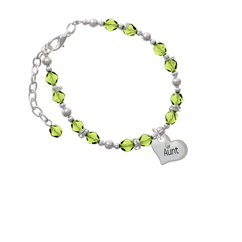 Silvertone Large ''Aunt'' Heart with Clear Crystal Lime Green Beaded Bracelet