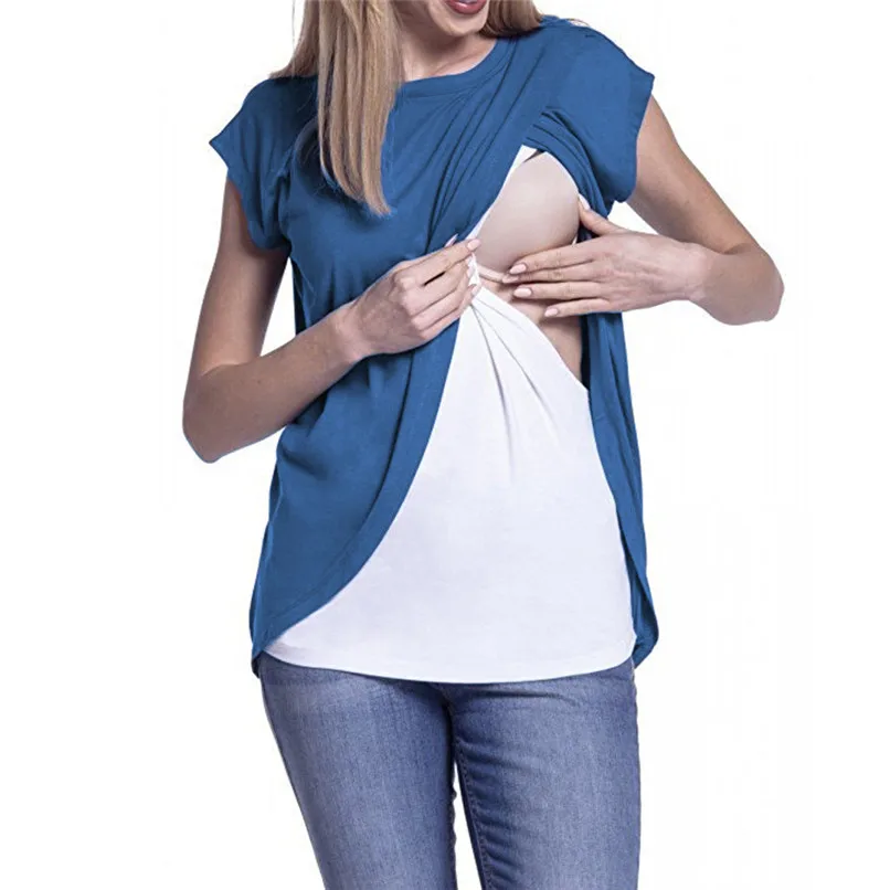 Maternity Clothes Breastfeeding Clothes Summer Maternity Nursing Wrap Top Short Sleeves Double Layer Blouse T-Shirt JE04#F (15)