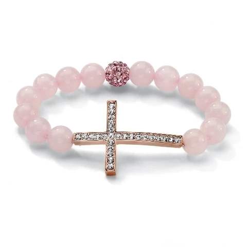 PalmBeach Jewelry 51726 Round Genuine Rose Quartz Crystal Accent Rosetone Metal Horizontal Cross Stretch Bracelet 8''