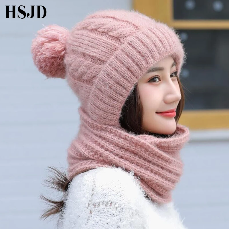 

Autumn Winter Women's Hat Ski Caps Knitted Wool Warm Scarf Thick Windproof Balaclava Multi Functional Hat Scarf Set For Women