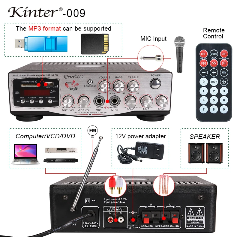 Kinter-009 профессиональный усилитель караоке аудио 2 канала питания AC220V DC Mic вход USB SD AUX FM радио paly стерео звук