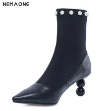 NemaoNe Genuine Leather ankle sock boots Fashion pearl pointed toe high heels Womens shoes stretch boots women big size 33-43