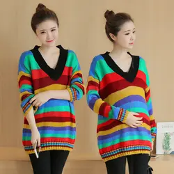 Новый 2017 радуга свитер, чтобы увеличить размер женщин наборы весна и осень беременных женщин осень цвет полосы свободные длинные