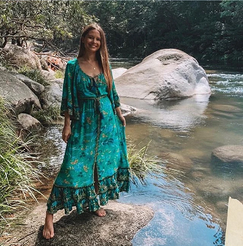 TEELYNN maxi women dresses Malachite green rayon ILONA Forest floral print summer Dresses Drawstring waist BOHO Dresses vestidos