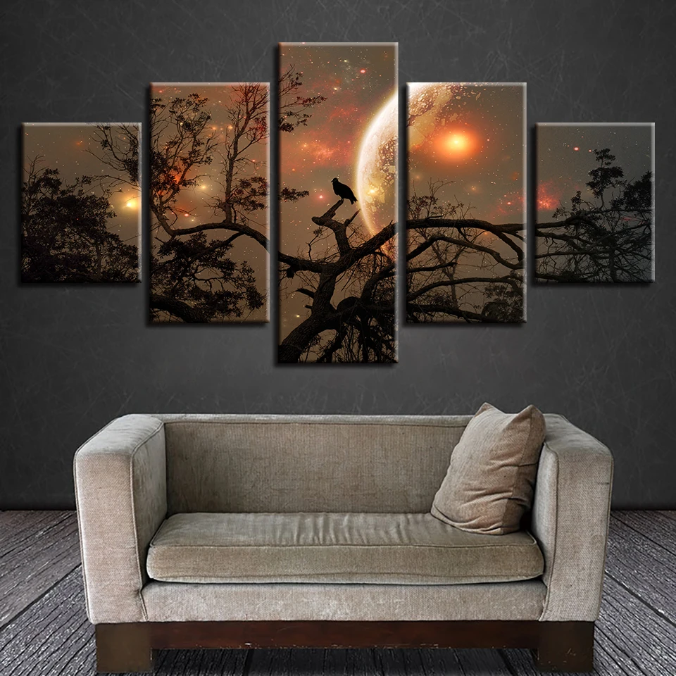 

HD Printed Abstract Pictures Decor Living Room Wall Home 5 Pieces Trees Bird Moon Night Scene Painting Canvas Art Modular Poster