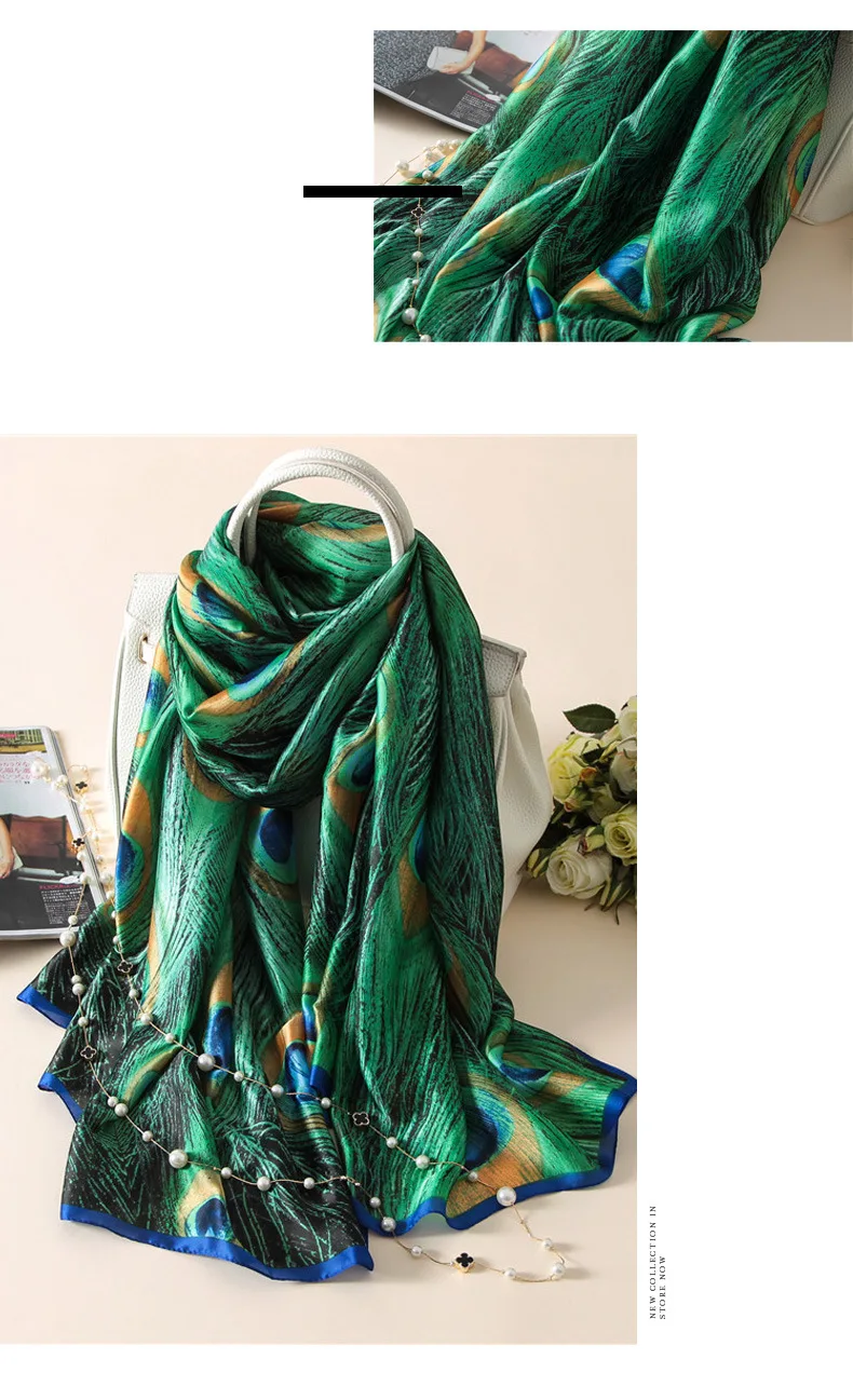 Шелковый шарф, женский шарф с цветочным принтом, птицами, листьями, цепочками, натуральные шелковые шарфы, платки и шарфы, 180*90 см хиджабы