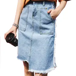 Для женщин Корейский Высокая талия юбка сезон: весна–лето 2019 однотонные джинсовые рубашка юбка-карандаш женские сапоги до колена Длина