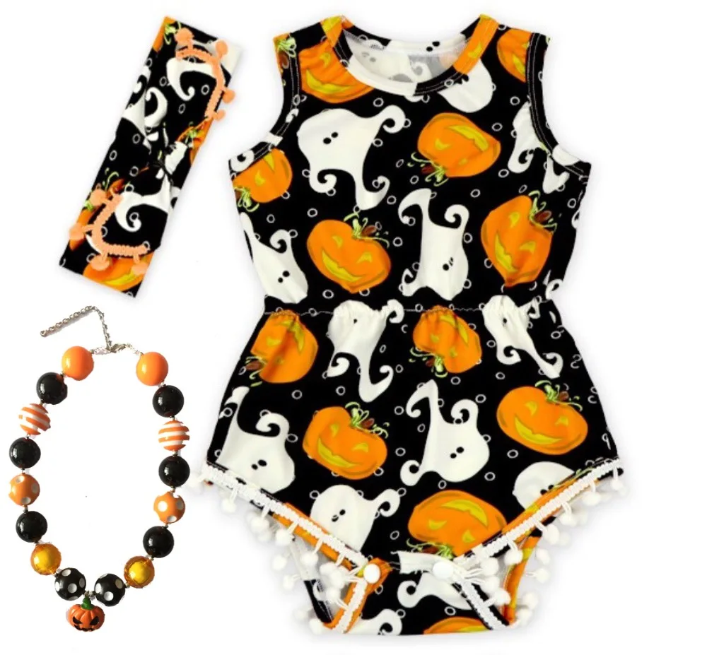 

2018 top sale Baby Girl Boutique halloween Pumpkin outfits Romper Pretty Romper newborn girl halloween baby outfit with necklace