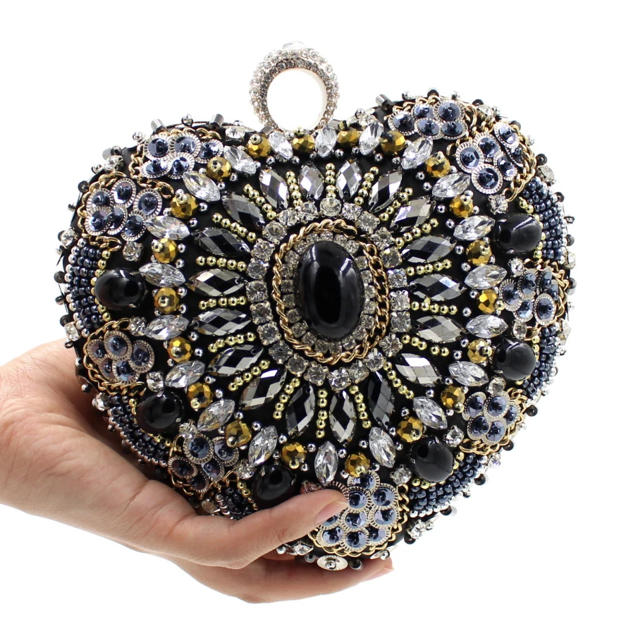 

GLOIG Vintage Fashion Women Evening Bags Beaded Finger Ring Diamonds Purse Evening Bags Small Day Clutches Metal Handbags