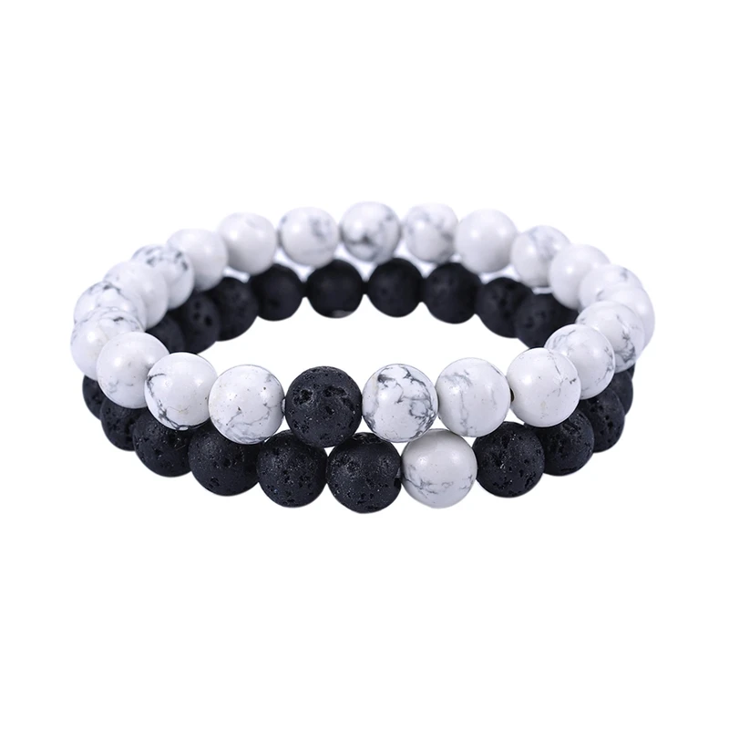 2Pcs/Set Lava Stone Beads Wrap Black White Couple Bracelets Natural Stone Charm Bracelets Women Men Bracelet Jewelry Beads