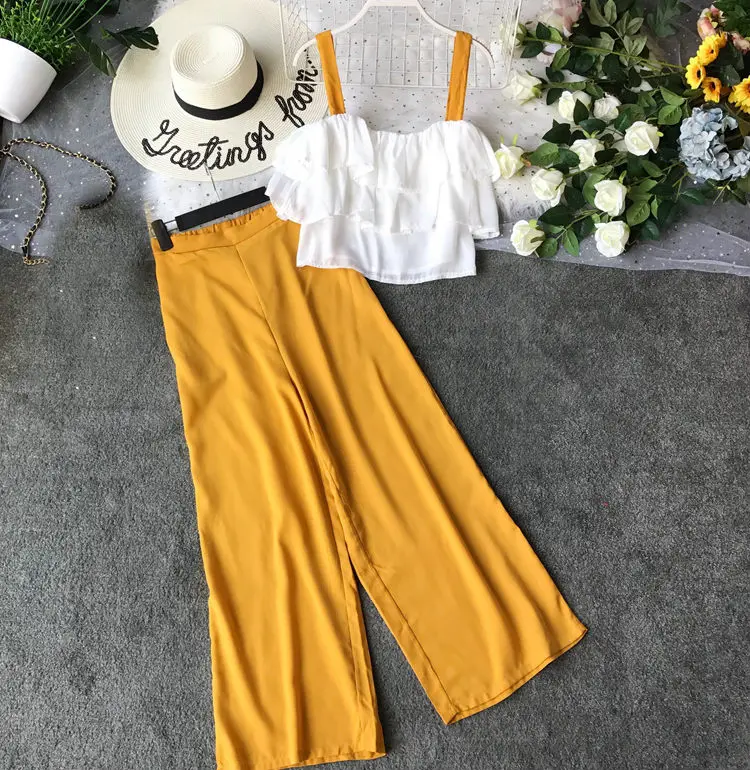 

2019 Summer Women's Sling Tops Trousers 2pcs Sets Ruffled Sling Tops + Wide-leg Pants Women's Casual Suits