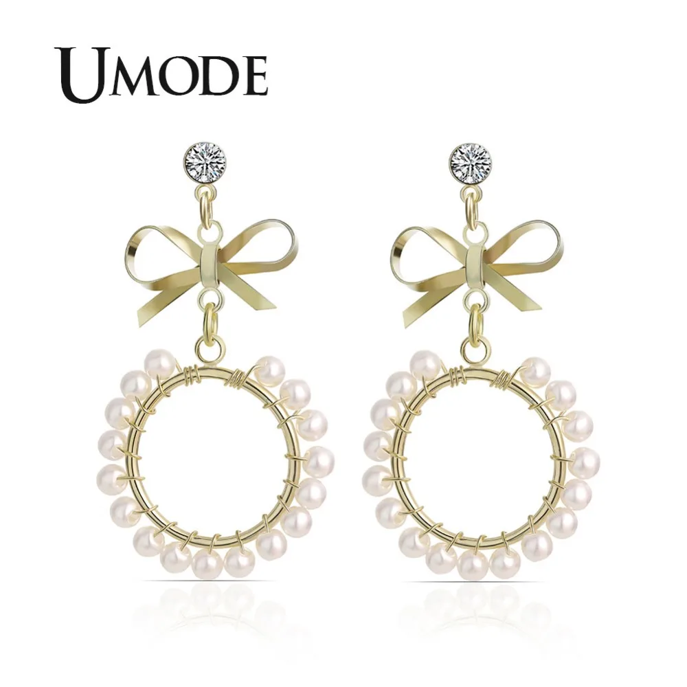

UMODE Bowknot Bow Drop Earrings for Women Round Simulated Pearl Dangle Earrings Hanging Gifts Fashion Jewelry Accesories UE0500