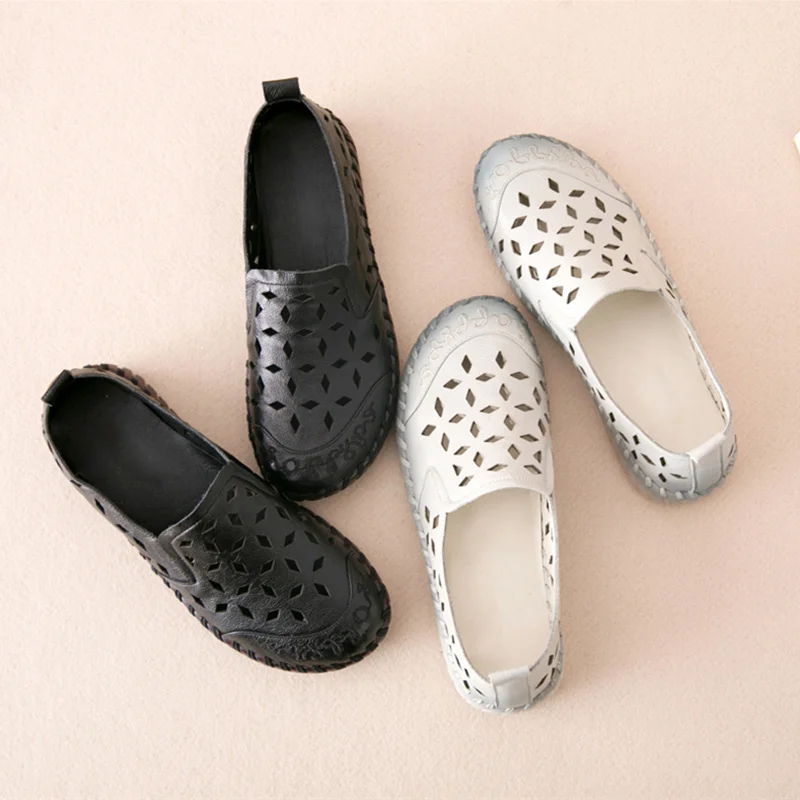 

PEIPAH 2019 New Hollow Genuine Leather Women Casual Shoes Summer Female Flats Shoes Top Quality Leather Flat Shoes Woman Loafers