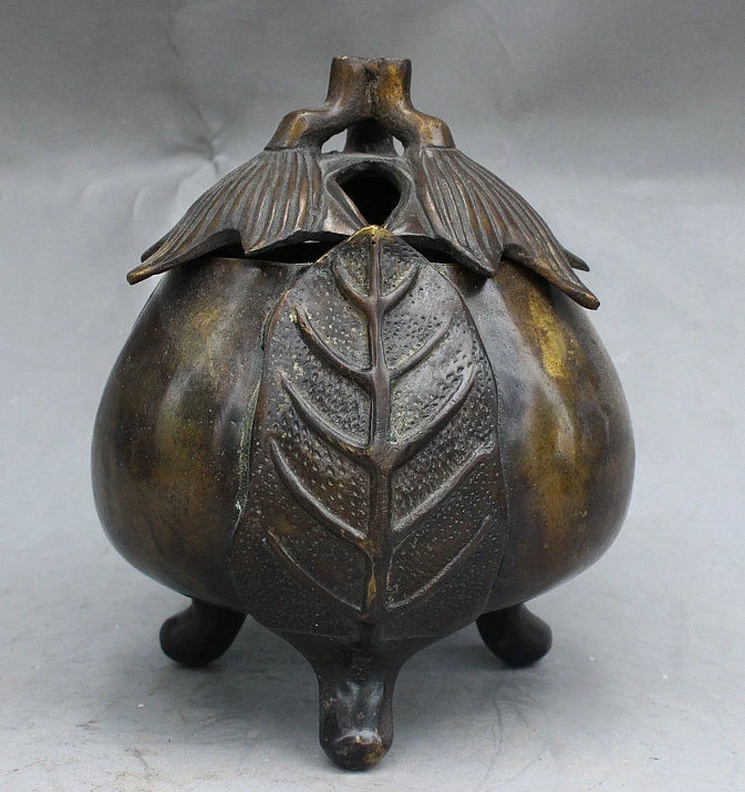 

5" Old China Royal Buddhism Bronze Auspicious Wealth Leaf Incense Burner Censer