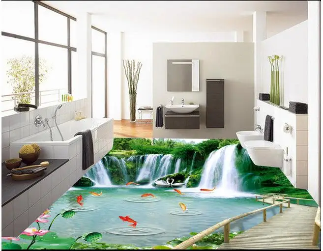 

3 d pvc flooring custom wall paper Wooden bridge waterfall nature 3 d bathroom flooring murals photo wallpaper for walls 3d