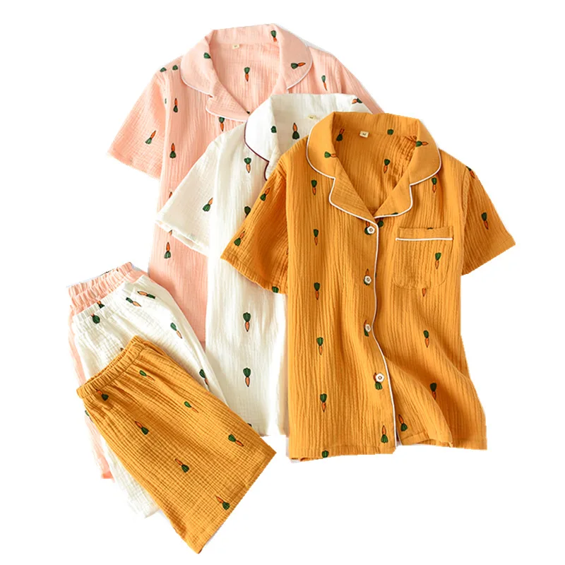 Двухслойный хлопок марля креп короткий рукав шорты пижамы для женщин плюс размер пижамы мультфильм печать пижамы Домашняя одежда