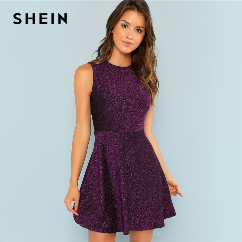 SHEIN Purple Fit and Flare Sleeveless Glitter Slim Fit Short Dress Mid ...
