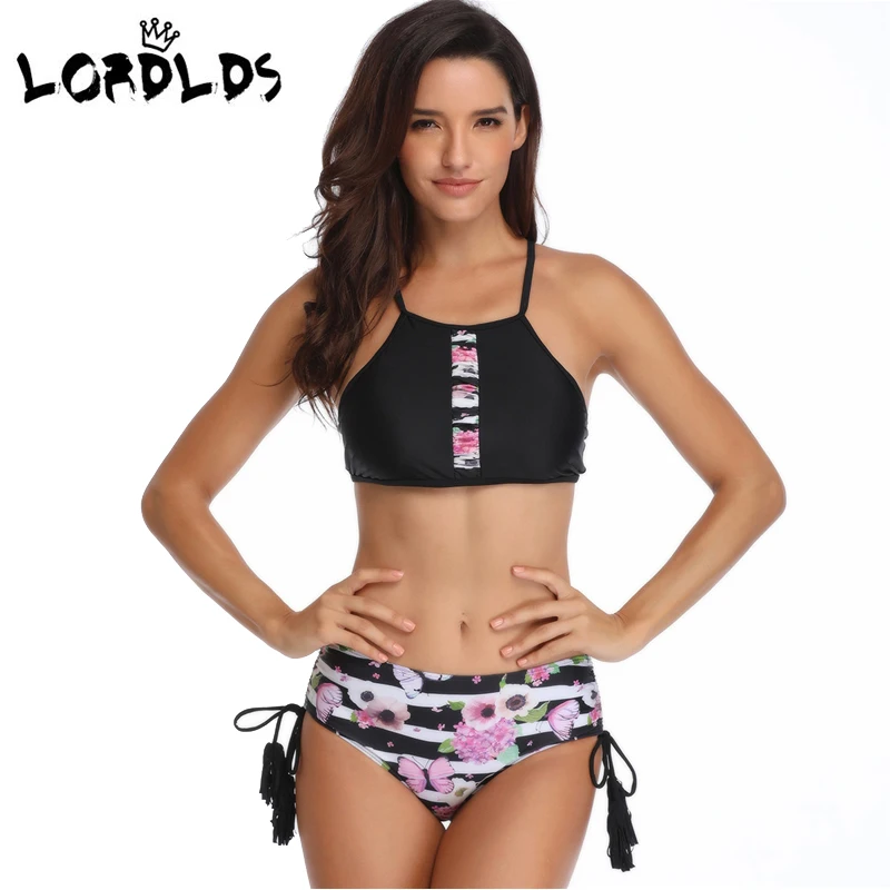 

LORDLDS Fashion Womens Ruffle Top Plus Size Swimsuit Cross back Two Piece Bathing Suit Black Lace Up Halter Padding Bikini Set