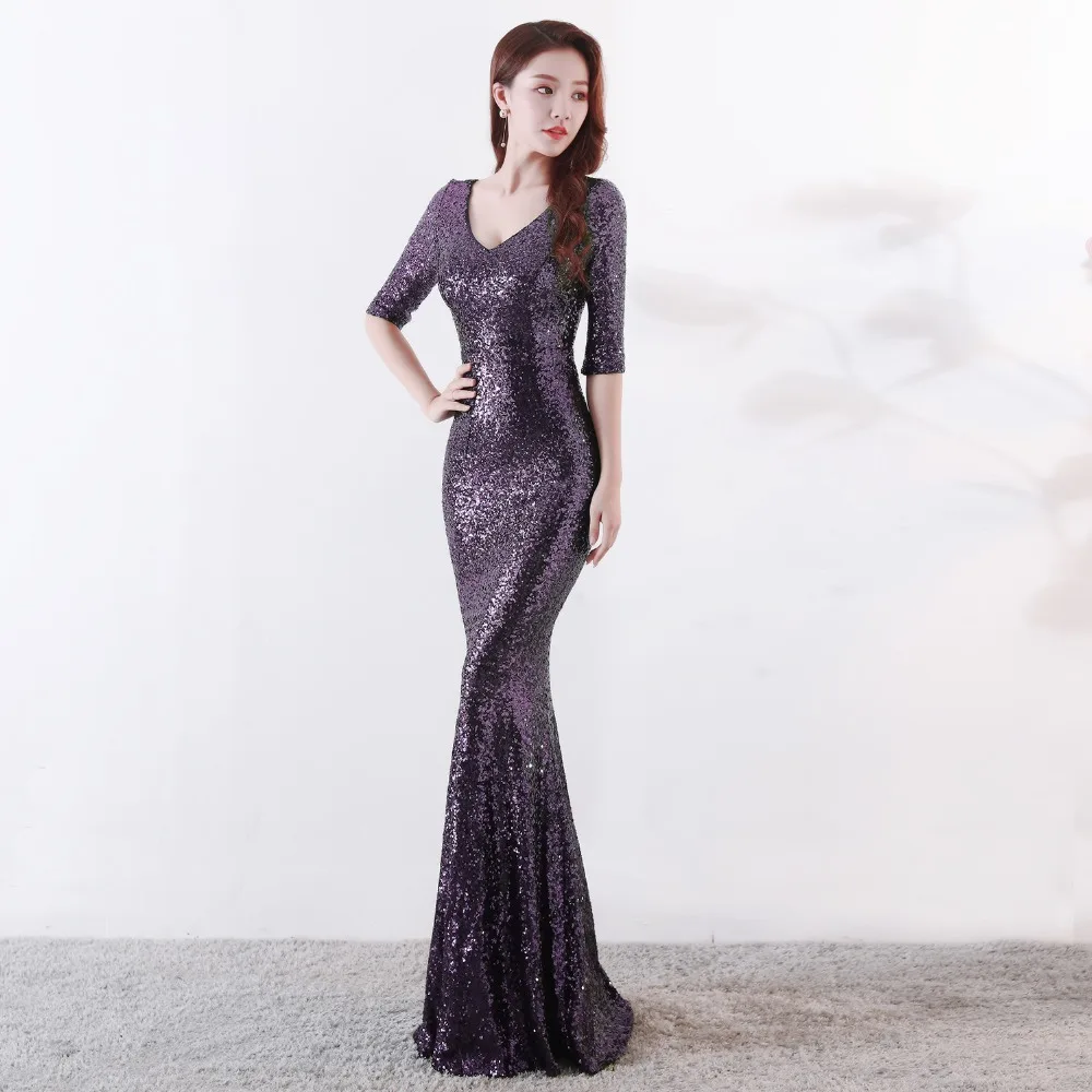 Hot Party Dress Short Sleeve Sexy V-neck Halter Long Self-Cultivation Blingbling Sequined Fishtail Dress Pink Green Slim Dress (14)