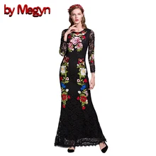 Por Megyn 2017 Outono Flor Peônia Bordado Lace Manga Comprida O Pescoço One Piece-Vestido Maxi Robe Vintage Vestidos DG158
