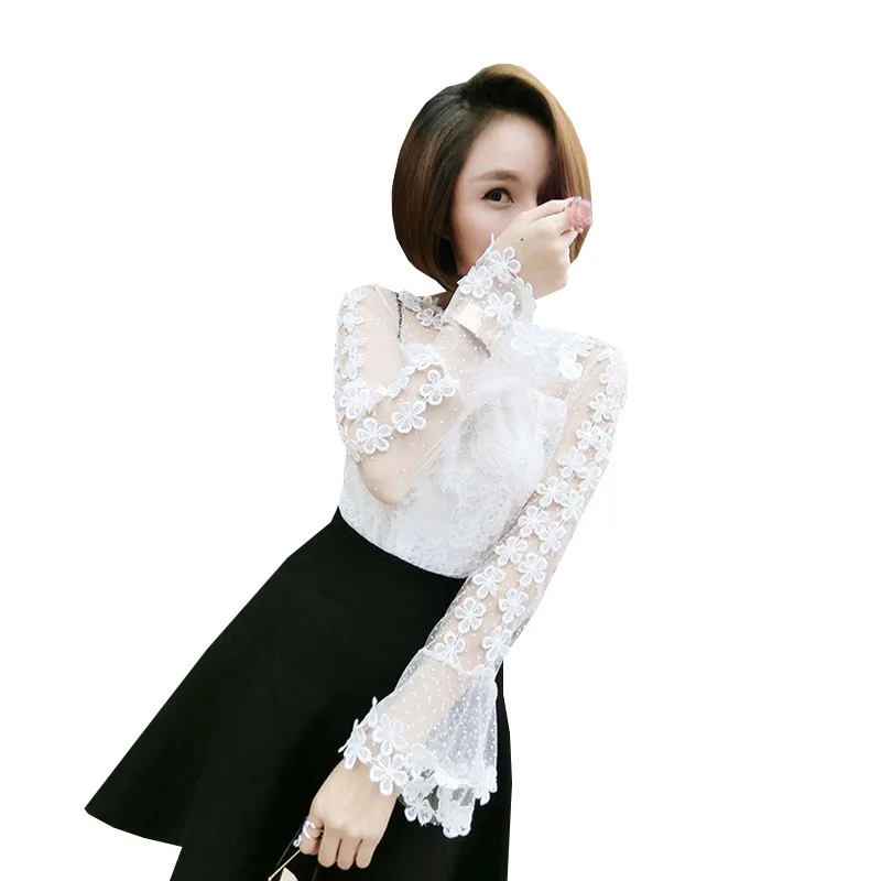 2018 Women Long Sleeve Blouse Spring Autumn Sweet Floral Lace Shirt Laies Flare Sleeve Dot Mesh Blouses Slim Short Tops AB1028