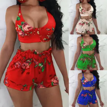 

Hirgin Women 2 Pcs Crop Top Blouse High Waist Shorts Set Sleeveless Blackless Jumpsuit Romper Print Outfits