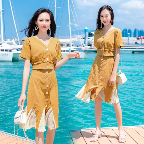 

2019 Summer Elegant Fashion Twinset Chic Open Side Split Patchwork 2 Pcs Set Sexy Single Breasted Brief V Neck Two Piece Set