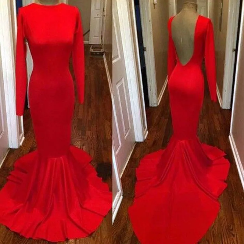 

Sexy Backless Mermaid Evening Dress Red Long Sleeves 2020 Customize African Long Prom Dresses Party Formal Occasion Gowns Cheap