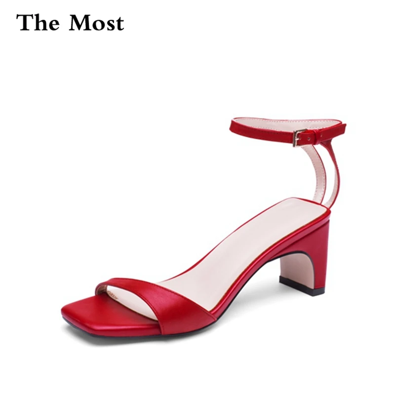 

THEMOST 2017 New Genuine Leather Shoes Women Sandals Peep Toe Med Heel Real Leather Sandals Ladies Shoes White Consice sandals