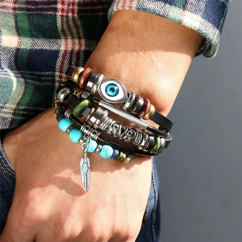 

Vintage Multilayer Beads Evil Eye Feather Handmade Leather Cord Adjustable Bracelet Rope Chain Male Geometry Bracelet