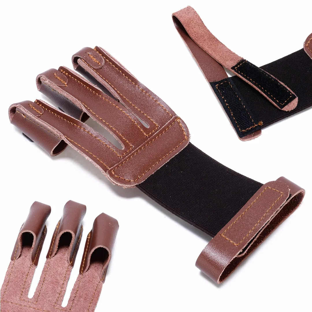 MAYITR Hunting Shooting Archery 3 Finger Hand Glove Brown Leather