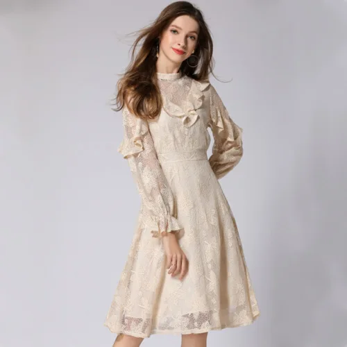 2018 Autumn New Long-sleeved Ruffled Midi Temperament Lady Openwork Embroidered Long Lace Dress Dresses