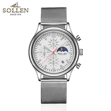 Роскошные Брендовые мужские часы SOLLEN Хронограф Мужские Спортивные Moon Phase светящиеся водонепроницаемые кожаные мужские часы Relogio Masculino