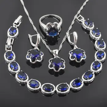 

Classic Blue Zirconia Flower Design For Women Silver Color Jewelry Sets Bracelet Necklace Pendant Earrings Ring QS0133